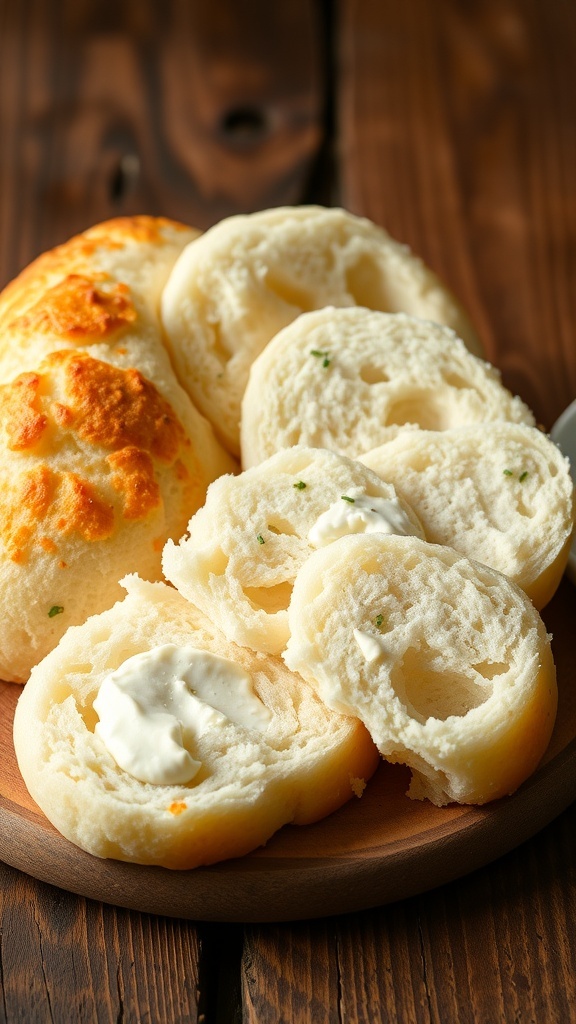 Fluffy cloud bread on a wooden table with cream cheese spread.